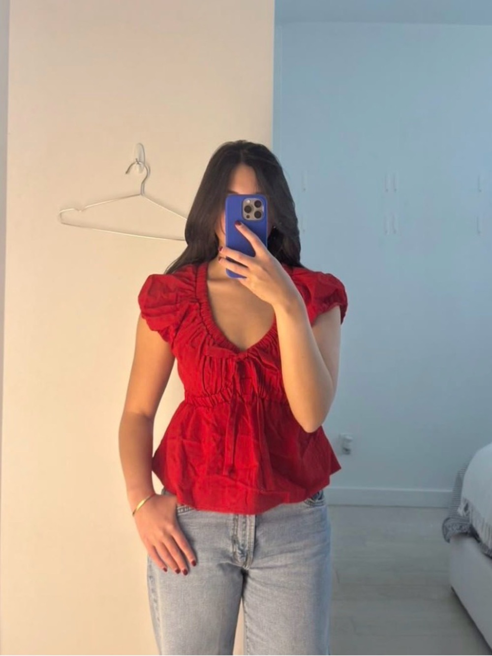 Sienna Sky Red Puff-Sleeve V-Neck Peplum Blouse